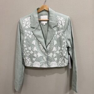 New Linen Embroidered Blazer Sea-Foam Green Size XL Cropped
